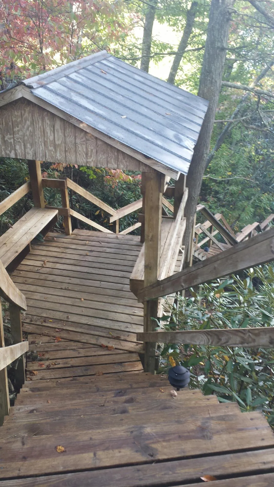 Metal roofed shelter over wooden steps on a wooded walkway — Skylight Repair & Installation work by our crew in Fruitport